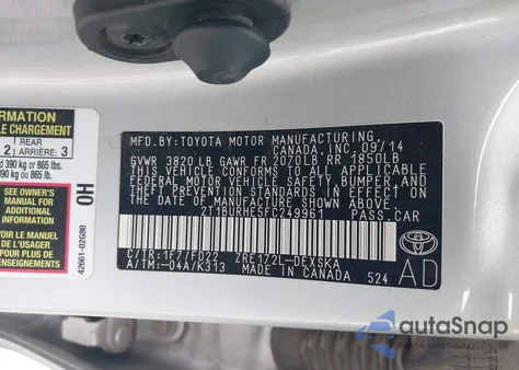 2015 Toyota Corolla S Plus z USA, uszkodzony, nr VIN 2T1BURHE5FC249961